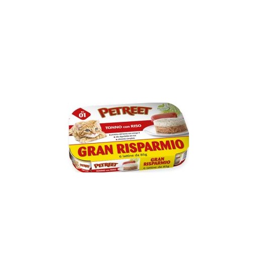 Scatolette petreet gatto formato risparmio gusto tonno e riso 6x85gr