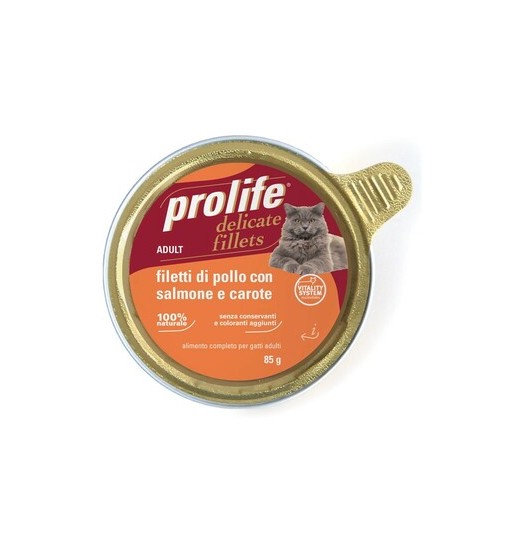Filetti di pollo con salmone e carote Prolife gatto adult vaschetta da 85gr