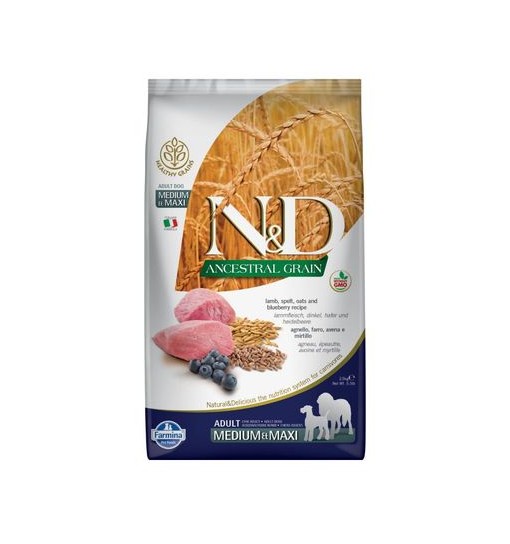 N&D Ancestral Grain Adult Medium e Maxi agnello farro avena e mirtillo 12 kg