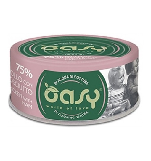 Oasy scatoletta more love scatolette per gatti Pollo con Prosciutto in acqua di cottura 70 gr