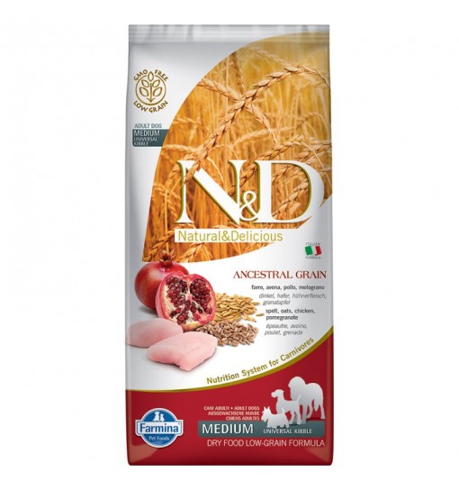 N&D low grain adult medium farro avena pollo e melograno 12kg Farmina