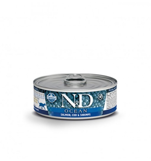 Scatolette N&D Farmina Ocean Salmone merluzzo e gamberi Gatto 80gr