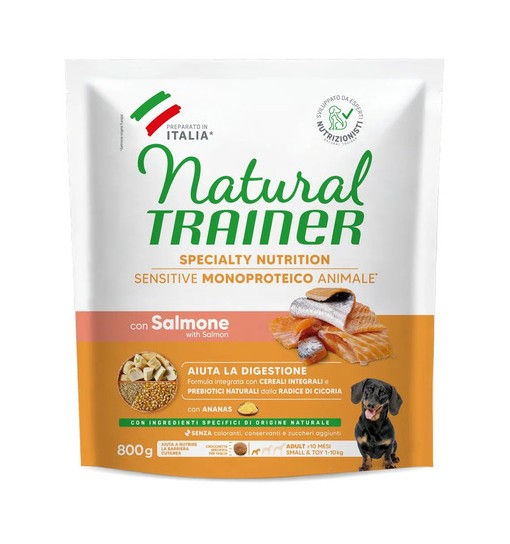 Natural Trainer sensitive con salmone e cereali integrali small & toy 800 gr
