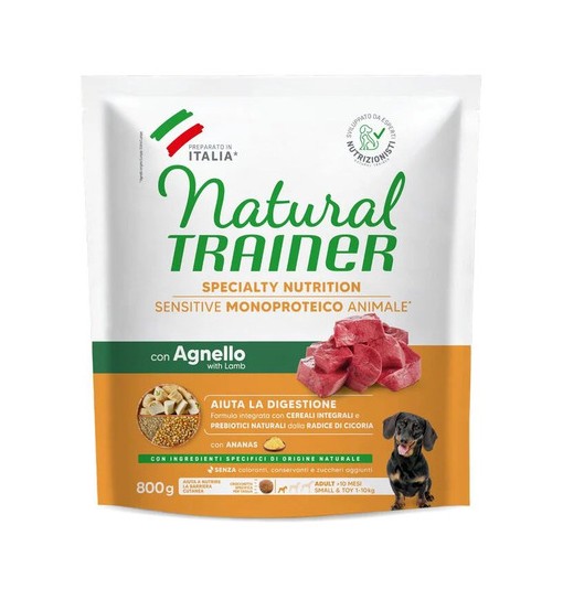 Trainer natural sensitive con agnello e cereali integrali small e toy 800 gr