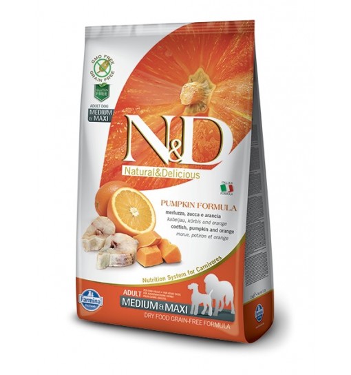 N&D pumpkin adult medium e maxi merluzzo zucca e arancia 12kg