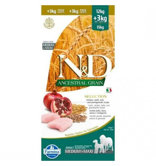 N&D Ancestral grain selection cane Pollo farro avena e melograno medium maxi 15 kg
