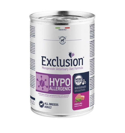 Scatoletta umido cane Hypoallergenic Exclusion maiale e piselli 400 gr