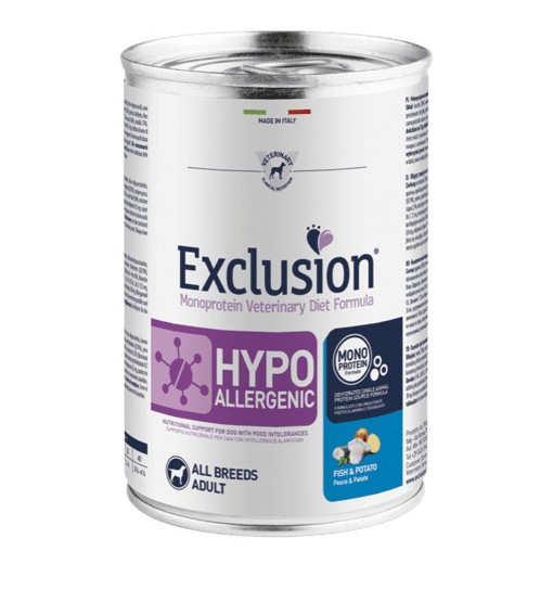 Scatoletta umido cane Hypoallergenic Exclusion Pesce e patate 400 gr
