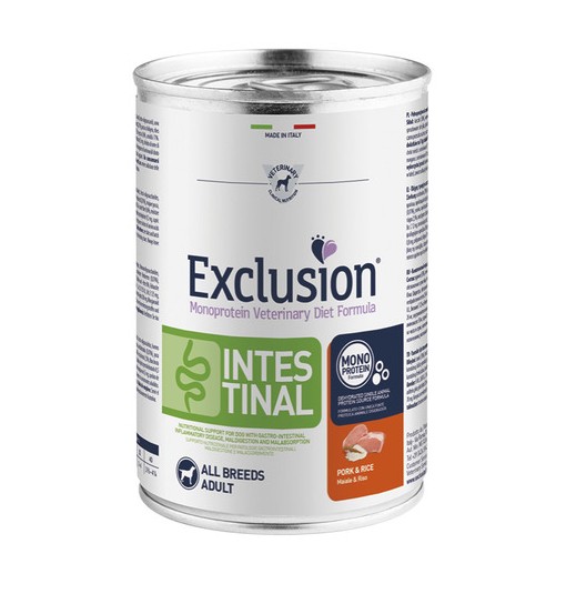 Scatoletta umido cane Intestinal Exclusion maiale e riso 400 gr
