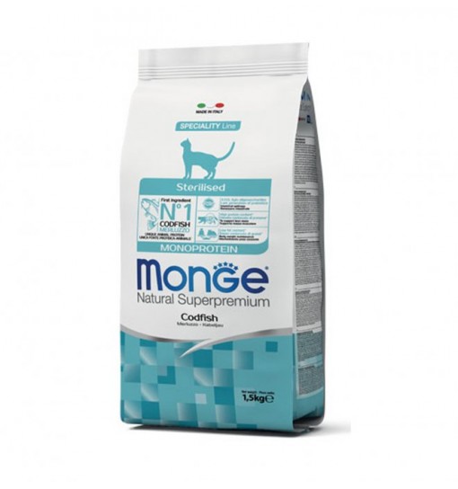 Mangime per gatti Monge sterilizzato monoproteico al Merluzzo 1,5 kg