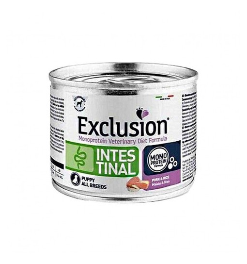Scatoletta umido cane Intestinal Puppy Exclusion maiale e riso 200 gr