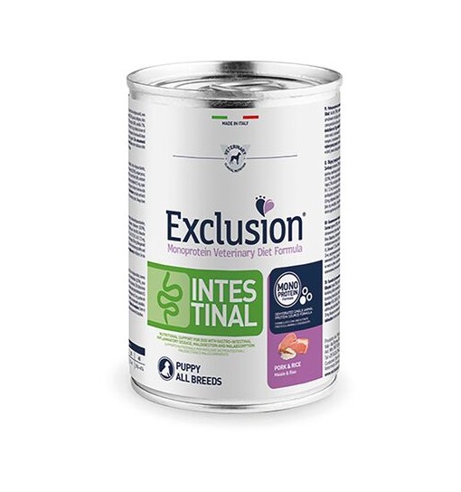 Scatoletta umido cane Intestinal Puppy Exclusion maiale e riso 400 gr