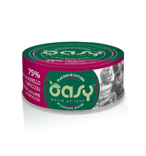 Scatolette per gatti Oasy More love Pollo con agnello e broccoli acqua di cottura 70 gr