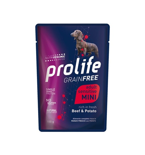 Bustine umido sensitive Prolife grain free mini adult manzo con patate 100 gr