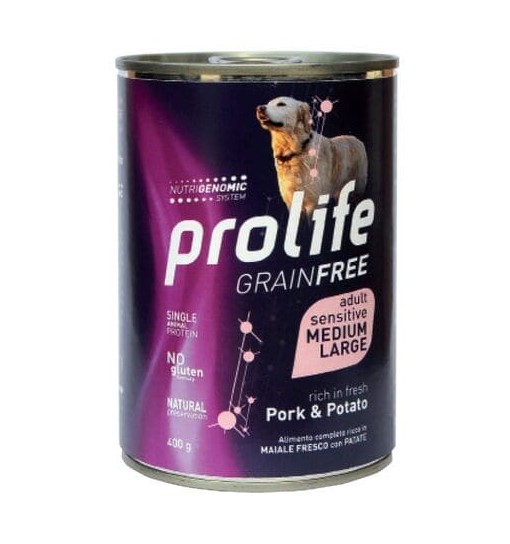 Scatolette Umido Prolife sensitive Grain Free maiale e patate medium large 400 gr