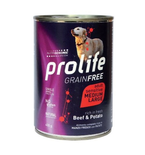 Scatolette Umido Prolife sensitive Grain Free manzo e patate medium large 400 gr
