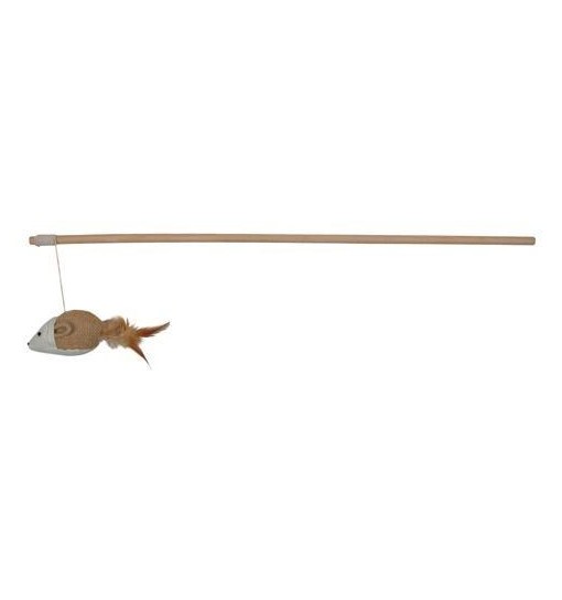 Gioco per gatti CANNA da PESCA con TOPO,50cm in legno juta e piume trixie