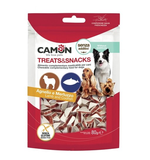 Treats& snacks per cani gustoAgnello e merluzzo Camon 80 gr senza glutine