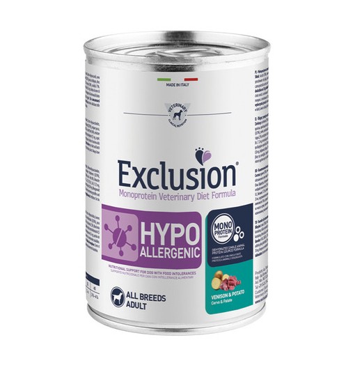 Scatoletta umido cane Hypoallergenic Exclusion cervo e patate 400 gr