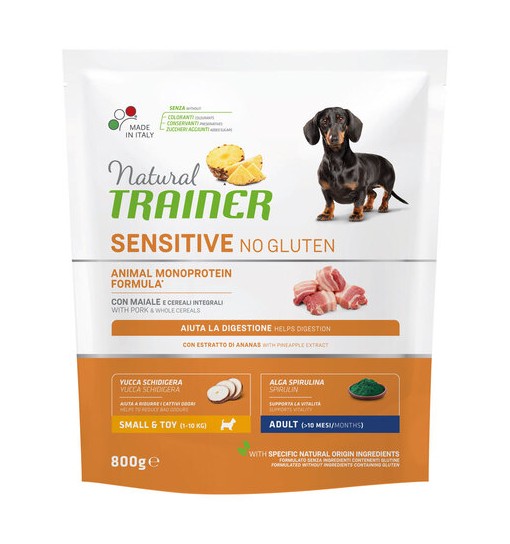 Trainer natural sensitive con Maiale e cereali integrali small e toy 800 gr