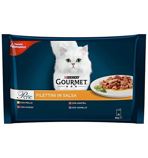 Purina Gourmet Perle Umido Gatto, Salsa Gatto Con Manzo, Pollo, Anatra, Agnello, Buste da 85 g 4 pzper conf.