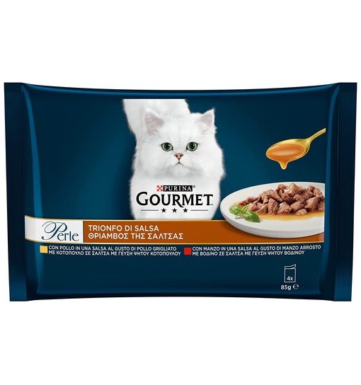 Purina Gourmet Perle Umido Gatto, Trionfo Di Salsa Gatto Con Manzo, Pollo - buste da 85 g ciascuna