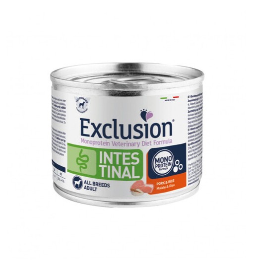 Scatoletta umido cane Intestinal Exclusion maiale e riso 200 gr