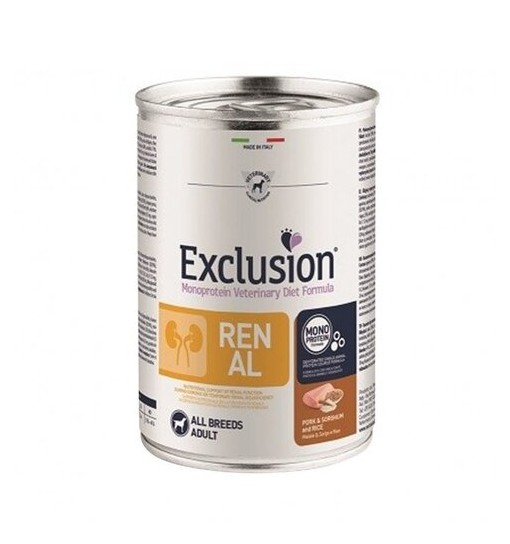 Scatoletta umido cane Renal Exclusion maiale sorgo e riso 400 gr