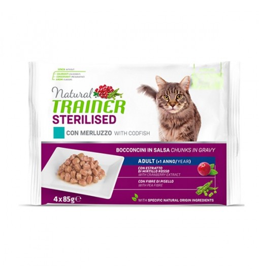 Flowpack bustine gatto natural trainer sterilizzato umido con Merluzzo Bocconcini in salsa 85 gr