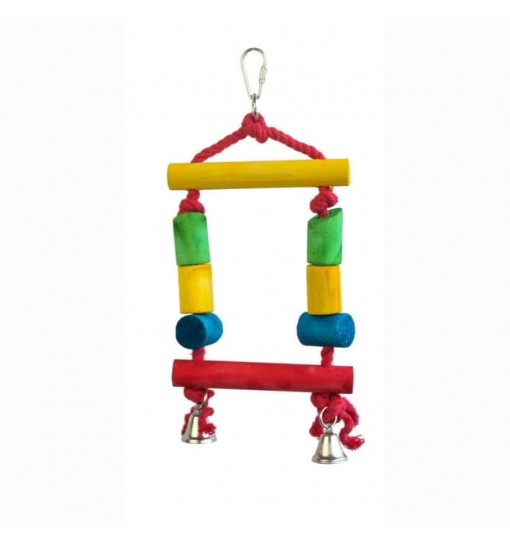 Gioco per pappagalli altalena in legno e corda color con campanelle 13x25 cm