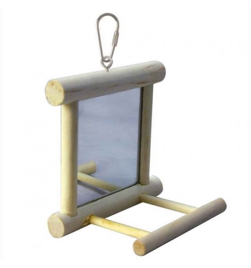 Gioco per pappagalli con specchio con cornice in legno 10x10x7 cm