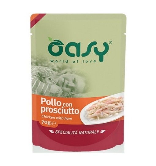 Oasy world of love umido gatto in bustine da 70 gr Pollo con prosciutto