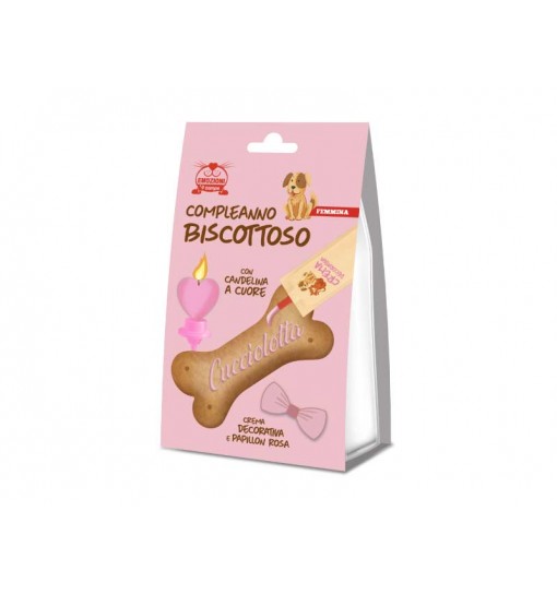 Biscotto di compleanno con candela a cuore crema decorativa e papillon rosa per cani