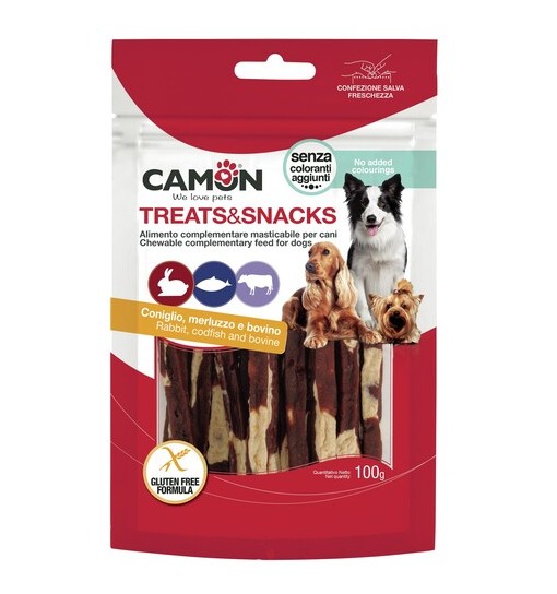 Snack ani Strisce di coniglio merluzzo e bovino gluten free 100 gr camon