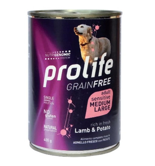 Scatolette Umido Prolife sensitive Grain Free Agnello e patate medium large 400 gr