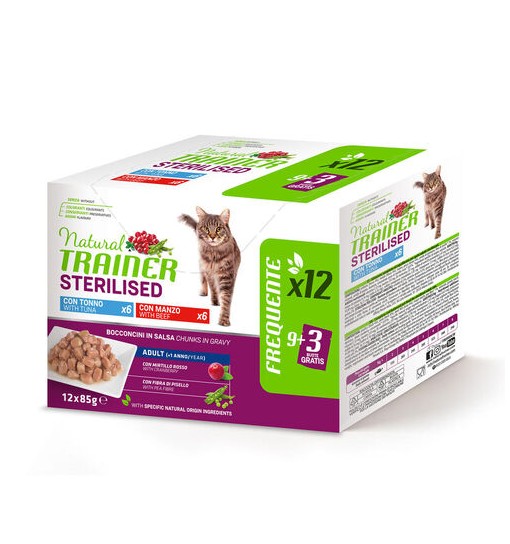 Multipack bustine gatto natural trainer umido sterilizzato con Tonno e con Manzo Bocconcini in salsa 85 gr