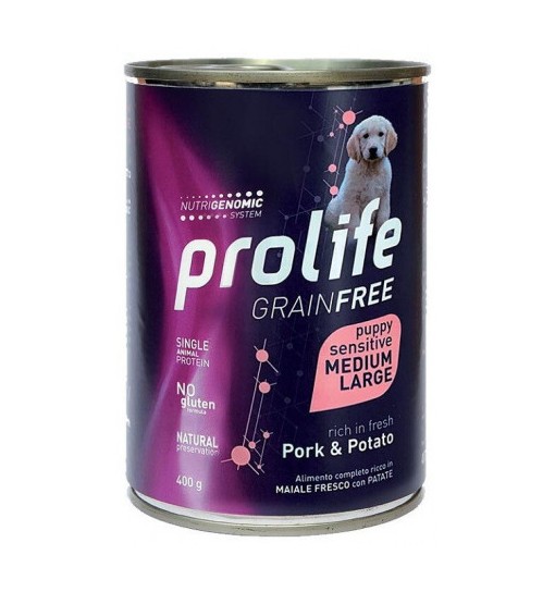 Scatolette Umido Prolife Puppy sensitive Grain Free maiale e patate medium large 400 gr