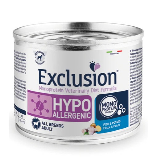 Scatoletta umido cane Hypoallergenic Exclusion Pesce e patate 200 gr