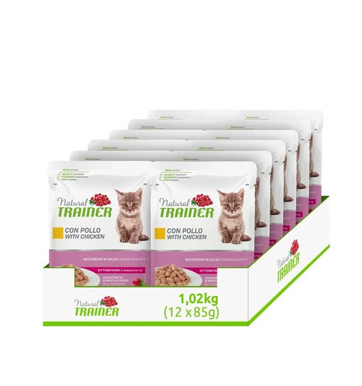 Multipack bustine gatto natural trainer umido Kitten con Pollo tonno tacchino e merluzzo Bocconcini in salsa 85 gr