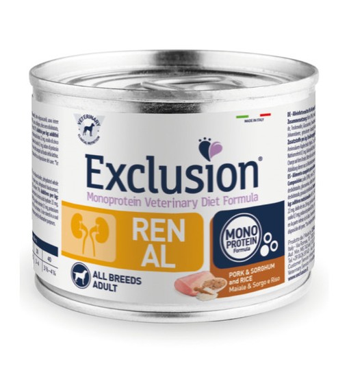 Scatoletta umido cane Renal Exclusion maiale sorgo e riso 200 gr