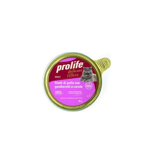 Filetti di pollo con gamberetti e carote Prolife gatto adult vaschetta da 85gr
