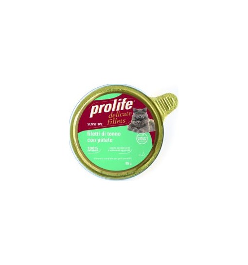 Filetti di tonnoconpatate Prolife gatto adult Sensitive vaschetta da 85gr