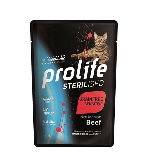 Prolife Bustine gatto sterilizzato grain free sensitive Beef 85gr