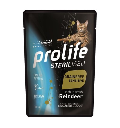 Prolife Bustine gatto sterilizzato grain free sensitive Renna con patate 85gr
