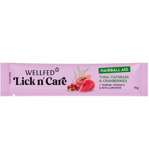 Wellfed Lick n'Care Hairball Aid, Tonno, Erbagatta e Mirtilli